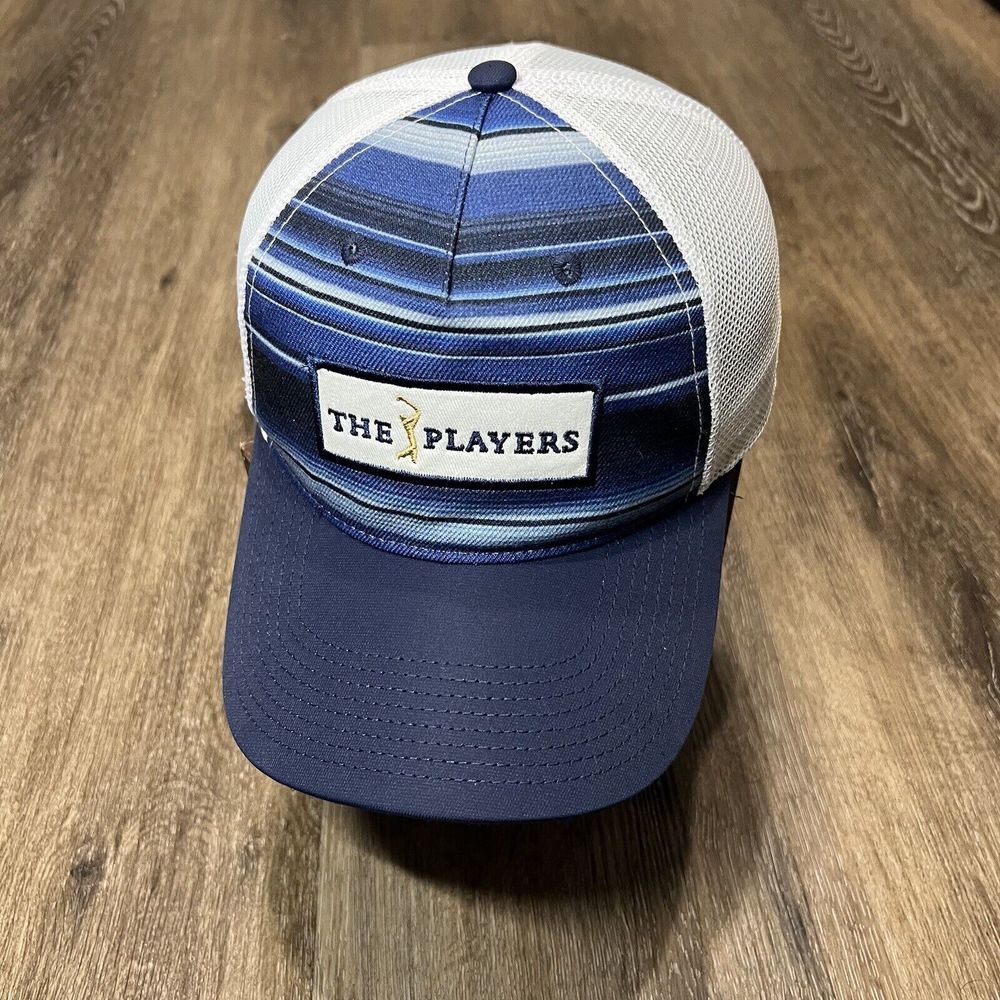 Ahead Players Cup Snapback Hat White Blue Geometric Mesh Striped Preppy Dad‎ Cap